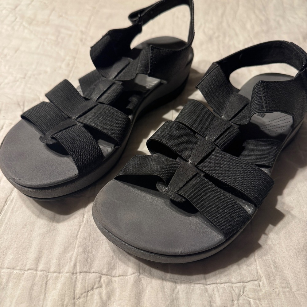 Clarks Cloudsteppers Arla Glison Black Strappy Platform Sandals Womens 9.5 M